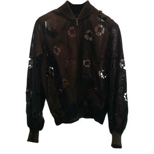 Chanel black camelia logo cutout bomber jacket